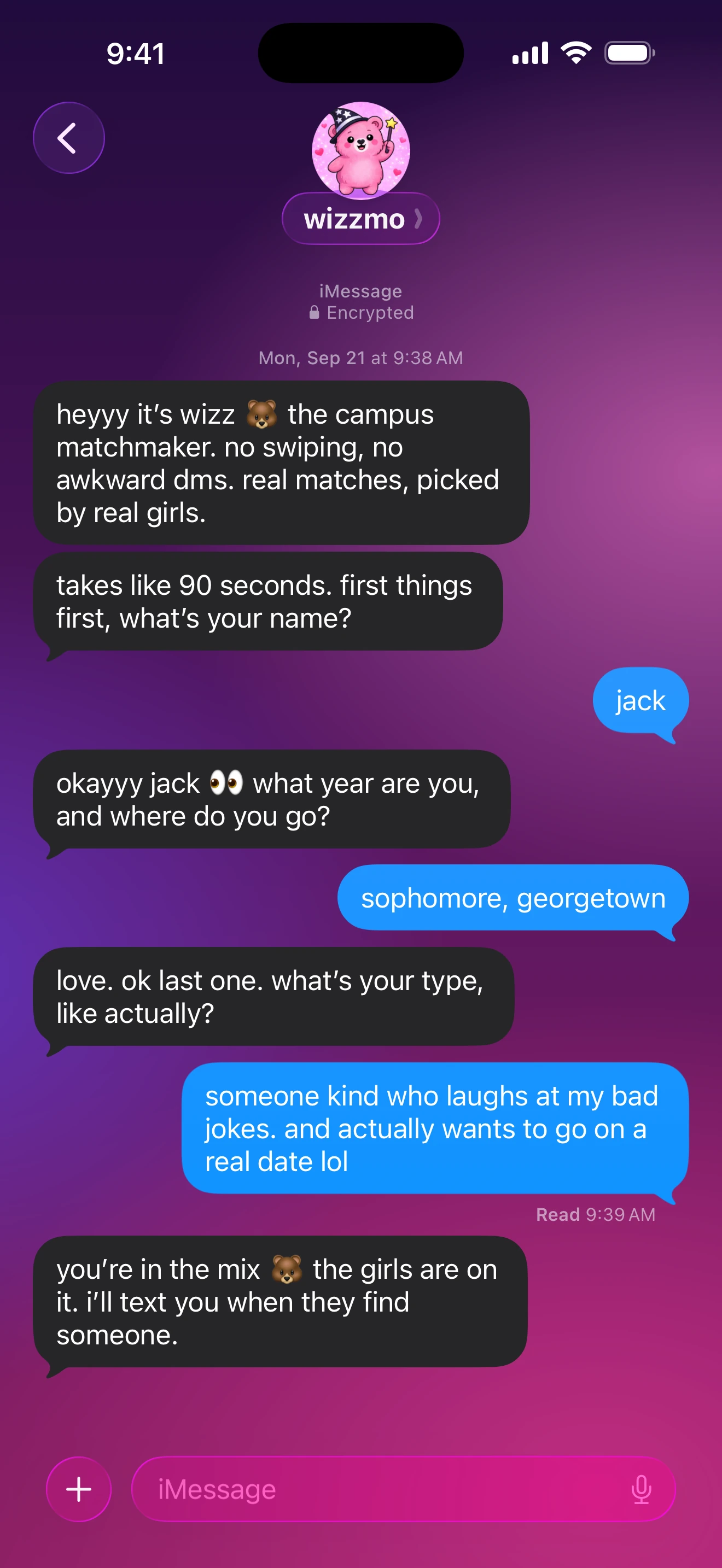 wizzmo texting a student a few questions in iMessage